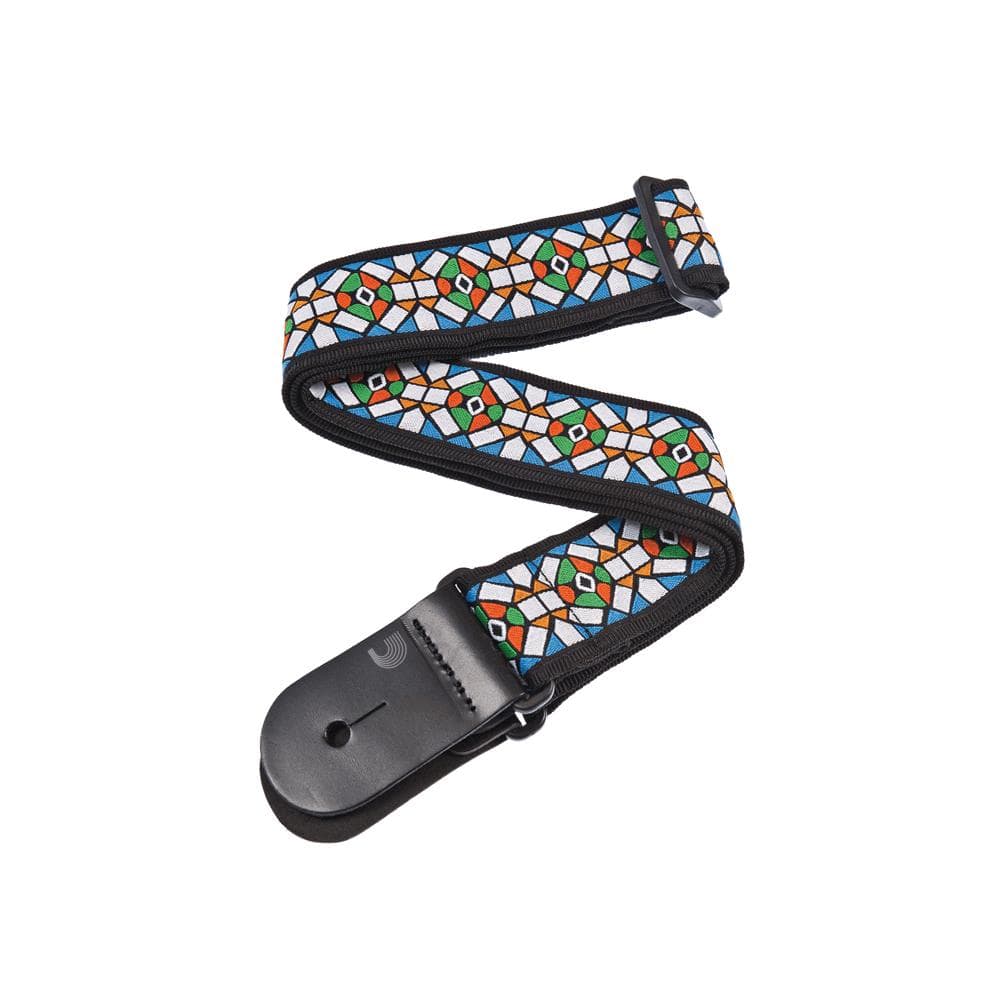D'Addario Woven Guitar Strap Stained Glass with black leather ends and adjustable black plastic buckle.