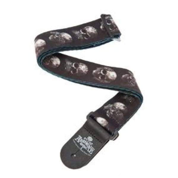 D'Addario Alchemy Guitar Strap, Muted Skulls, featuring a black strap with a skull design and a sturdy buckle for secure, adjustable fit.