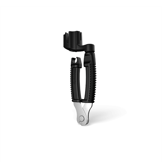 D'Addario DP0002 Pro-Winder Peg Winder with String Cutter and Bridge Pin Puller, featuring a black and silver ergonomic design for guitars, banjos, and mandolins.