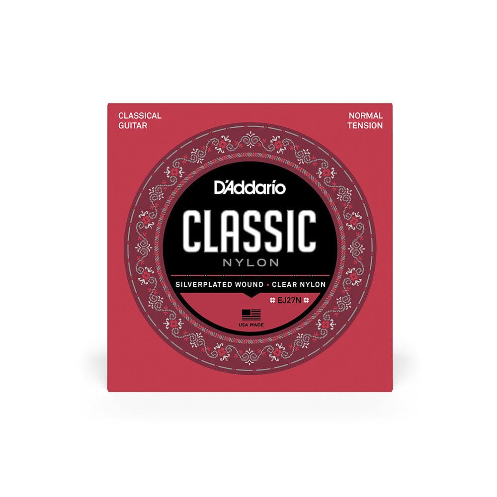 D'Addario EJ27N Student Silver-Plated Nylon Core Classical Guitar Strings - Normal Tension displayed in a red box with white text and a black and white label.