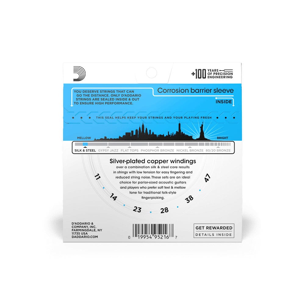 D'Addario EJ40 Silk and Steel Folk Acoustic Guitar Strings in a white box with blue and black text, warning label about cancer and reproductive harm.