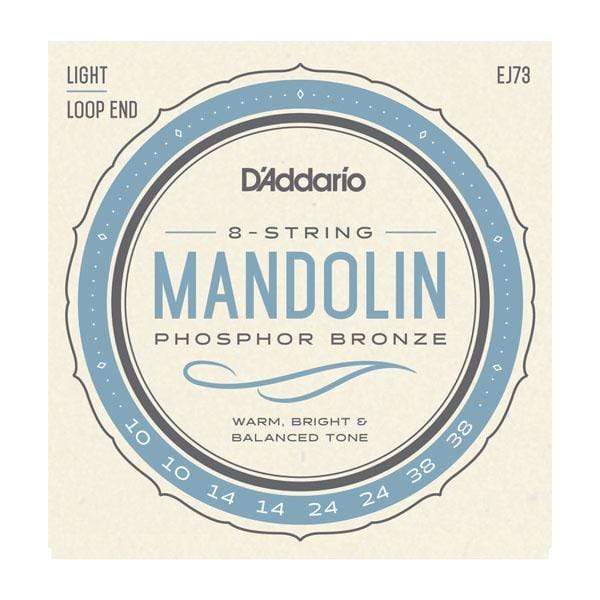 D'Addario EJ73 Phosphor Bronze Light Mandolin Strings (10-38) label featuring a circular logo and font design, indicating high-quality string instrument accessories.