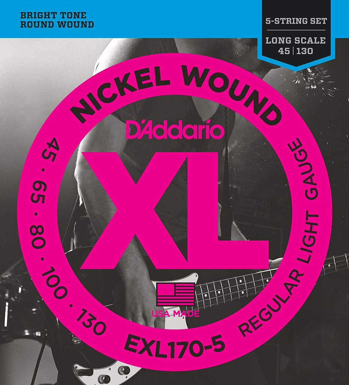 D'Addario EXL170-5 Regular Light Nickel Wound 5-string Long Scale Bass Strings with label featuring a person playing a guitar.
