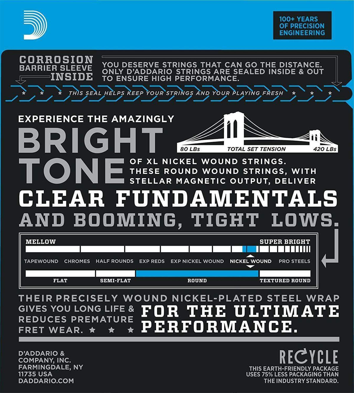 D'Addario EXL170-5 Regular Light Nickel Wound 5-string Long Scale Bass Strings packaging with a California Proposition 65 warning label.