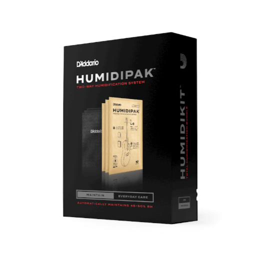 D'Addario Humidipak Maintain Replacement Packet 3-pack in black box with instructional text.