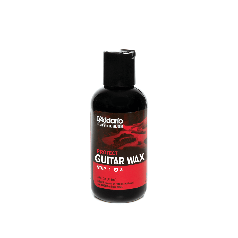 D'Addario Protect Liquid Carnauba Guitar Wax in a black bottle with a red label, designed to seal and protect clear-coated instruments.