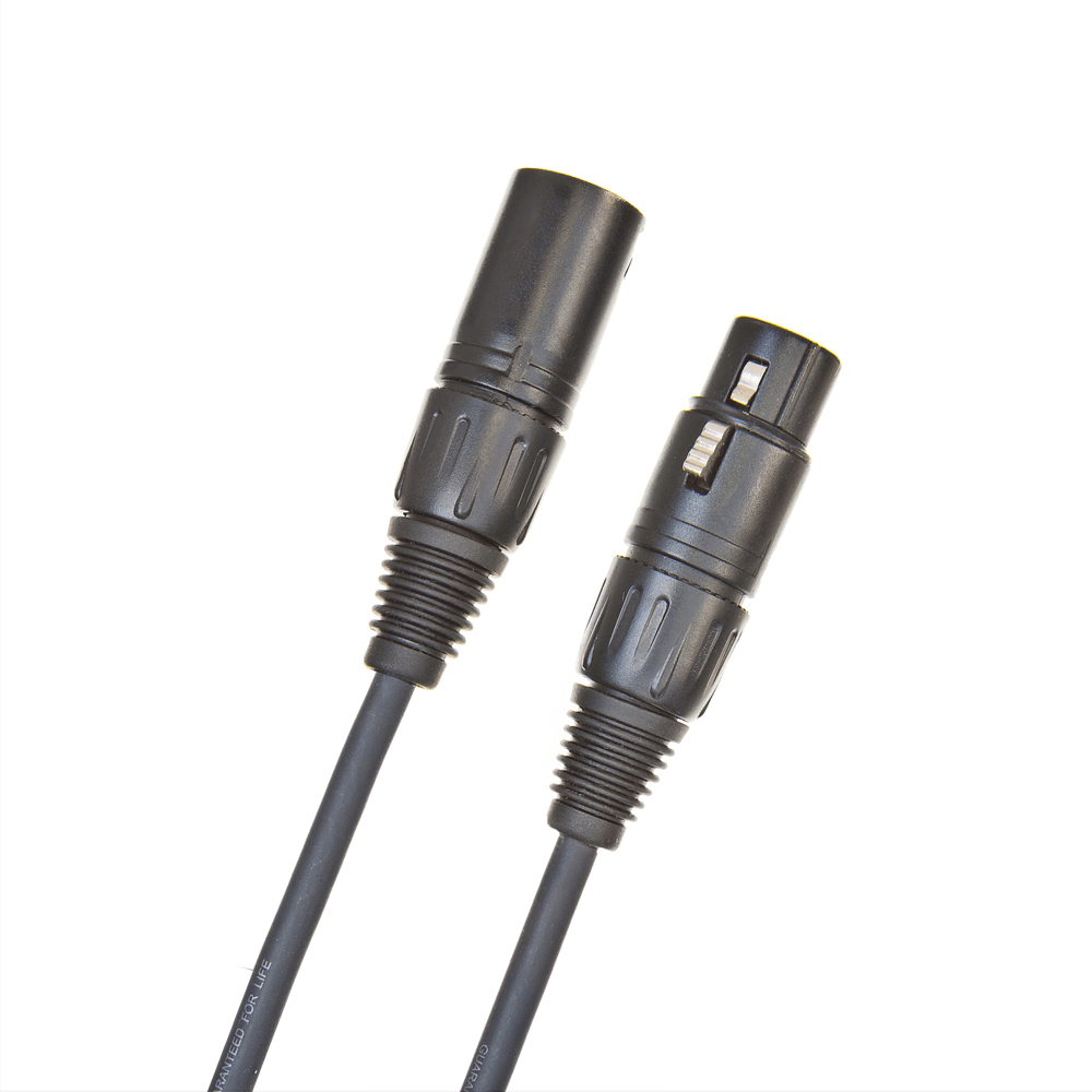 Close-up of D'Addario PW-CMIC-25 Classic Series 25-foot Microphone Cable, highlighting flexible molded collar for strain relief and ultra-pure copper conductors for signal clarity.