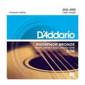 D'Addario EJ16 Phosphor Bronze Light Acoustic Strings, close-up view of guitar strings and product label. Ideal for balanced tone and playability.