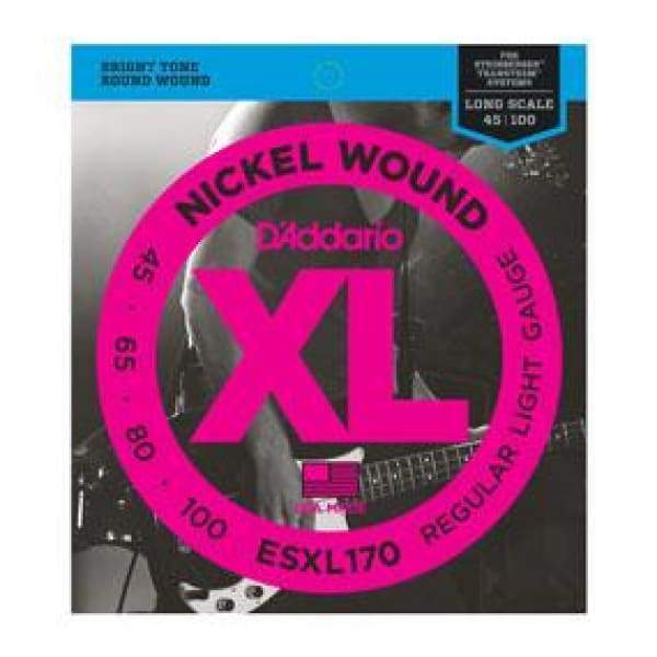 D'Addario EXL170 Regular Light Nickel Wound Long Scale Bass Strings - .045-.100 label showing a person playing a guitar.