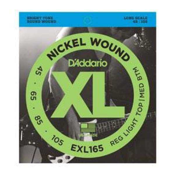 Close-up of D'Addario EXL165 Bass XL 45-105 Long nickel-plated steel strings with logo and label featuring a man playing guitar.