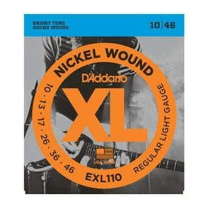 D'Addario EXL110 Nickel Wound Electric Strings (.010-.046) close-up, featuring precision-crafted strings and an orange label with a guitarist logo.