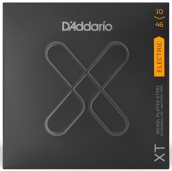 D'Addario XTE1046 XT Nickel Plated Steel Electric Guitar Strings, .010-.046 Regular Light, in a black box with logo and product details visible.