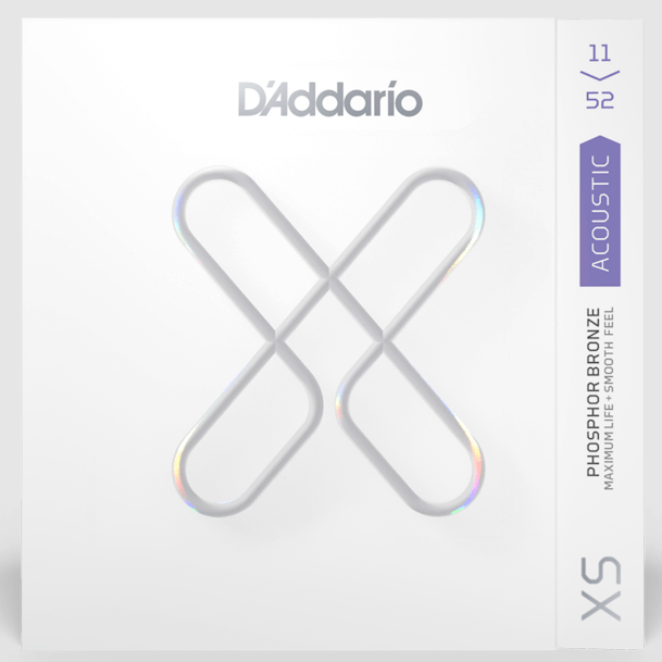 D'Addario XSAPB1152 Phosphor Bronze Coated Acoustic Guitar Strings .011-.052 Custom Light in a white box with a logo, featuring enhanced longevity and balanced tone.
