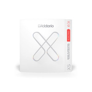D'Addario XSE Nickel-plated Steel Coated Electric Guitar Strings in a white box with silver lines and logo.