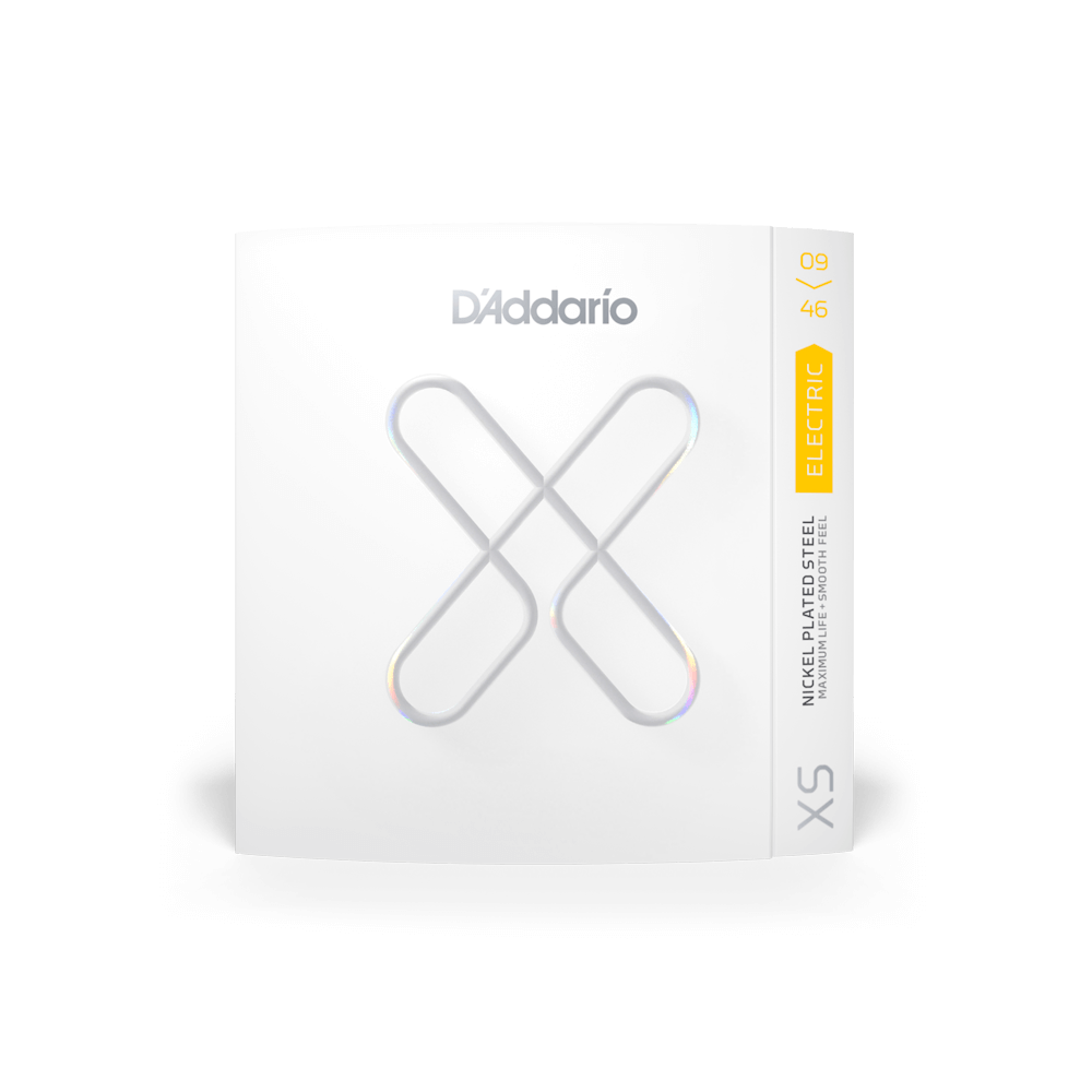 D'Addario XSE Nickel-plated Steel Coated Electric Guitar Strings in a sleek white box with silver lines and a visible logo.