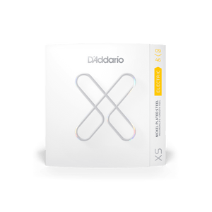 D'Addario XSE Nickel-plated Steel Coated Electric Guitar Strings in a sleek white box with silver lines and a visible logo.