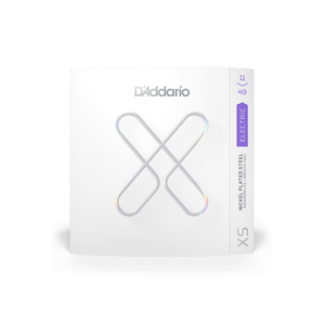 D'Addario XSE Nickel-plated Steel Coated Electric Guitar Strings in a white box with silver XS logo, offering superior strength and tuning stability.
