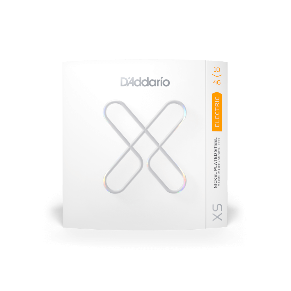 D'Addario XSE Nickel-plated Steel Coated Electric Guitar Strings in a white box with silver lines and a logo, offering enhanced durability and superior tone.