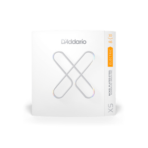 D'Addario XSE Nickel-plated Steel Coated Electric Guitar Strings in a white box with silver lines and a logo, offering enhanced durability and superior tone.