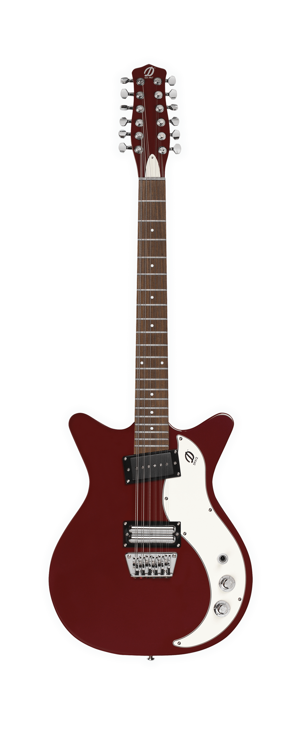 Close-up of a Danelectro 59X12TM 12-String Red Burst guitar, highlighting strings, pickups, and frets.