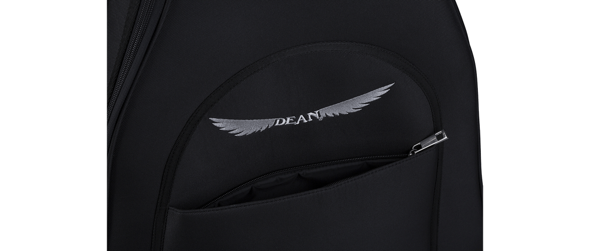 Close-up of the Dean Deluxe Large Guitar Gig Bag, showcasing its padded interior, zipper, and ample storage compartments for guitar accessories.