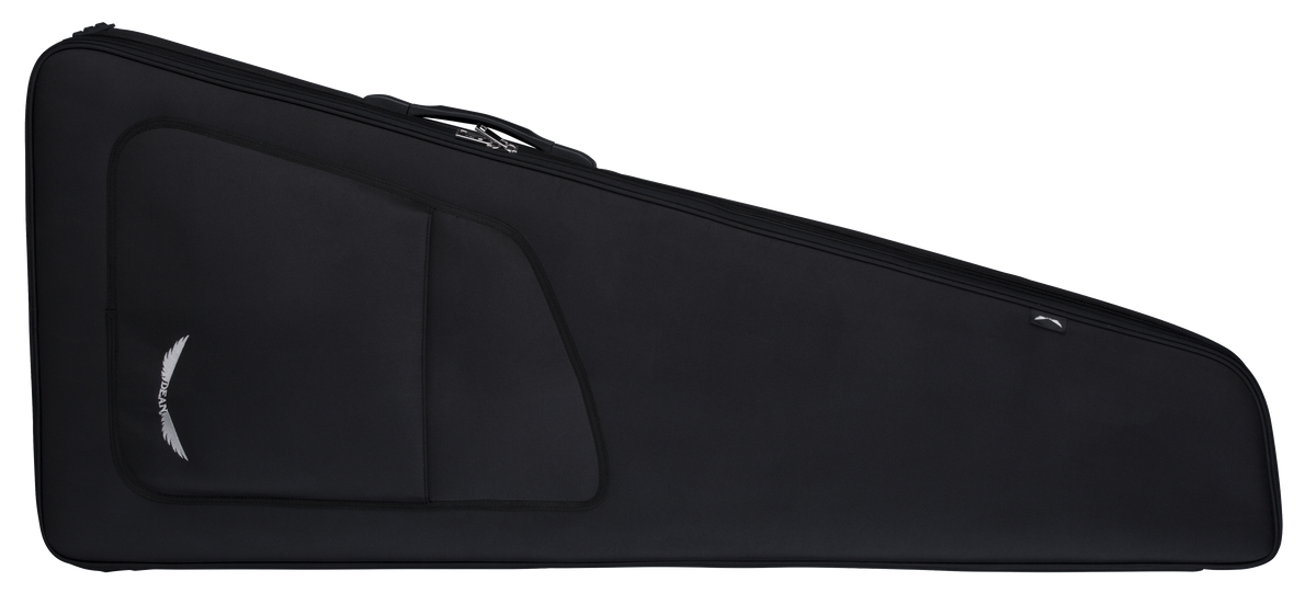 Dean Deluxe Large Guitar Gig Bag with handle, zipper, and logo, designed for uniquely shaped guitars, featuring padded interior and storage compartment.