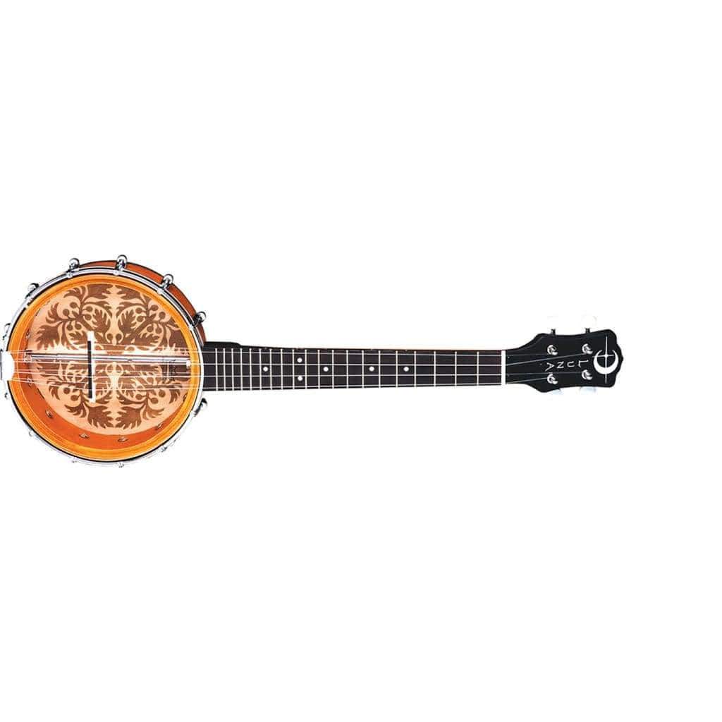 Close-up of the Luna Banjolele 8 Ukulele, showcasing the intricate etched back design and smooth walnut fingerboard.