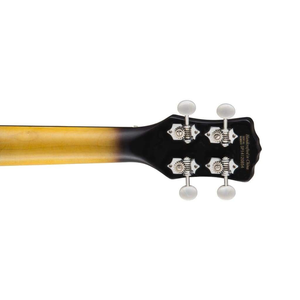 Close-up of the Luna Banjolele 8 Ukulele, showcasing intricate etchings on its maple back and smooth black walnut fingerboard.