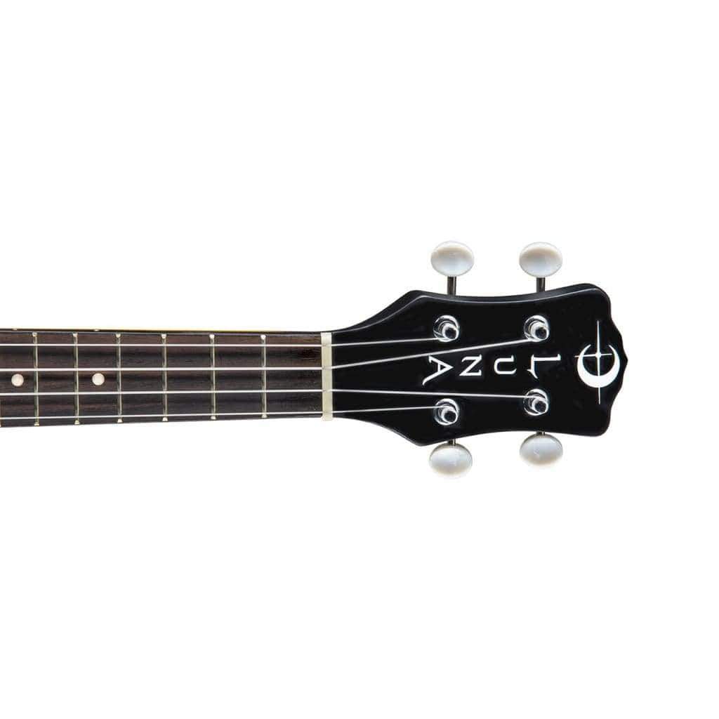 Close-up of the Luna Banjolele 8 Ukulele neck, highlighting the smooth walnut fingerboard and intricate etchings on the maple back.