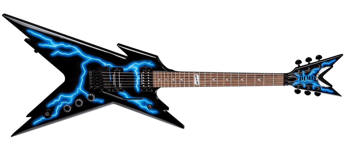 Dean Razorback Lightning B Stock electric guitar with blue lightning graphic and minor blemish on headstock. Includes padded gigbag.