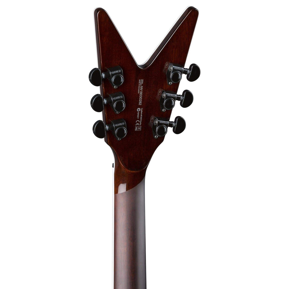 Dean V Select Quilt Top Ocean Burst guitar with a close-up of the headstock and body, highlighting its detailed mahogany construction and satin neck finish.