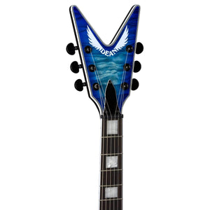 Blue guitar with white wings, featuring a Satin Neck, Mahogany Body, and Zebra Seymour Duncan pickups. Model: Dean V Select Quilt Top Ocean Burst.