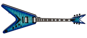 Dean V Select Quilt Top Ocean Burst electric guitar with blue and black quilted maple top, ebony fingerboard, and Seymour Duncan zebra pickups.