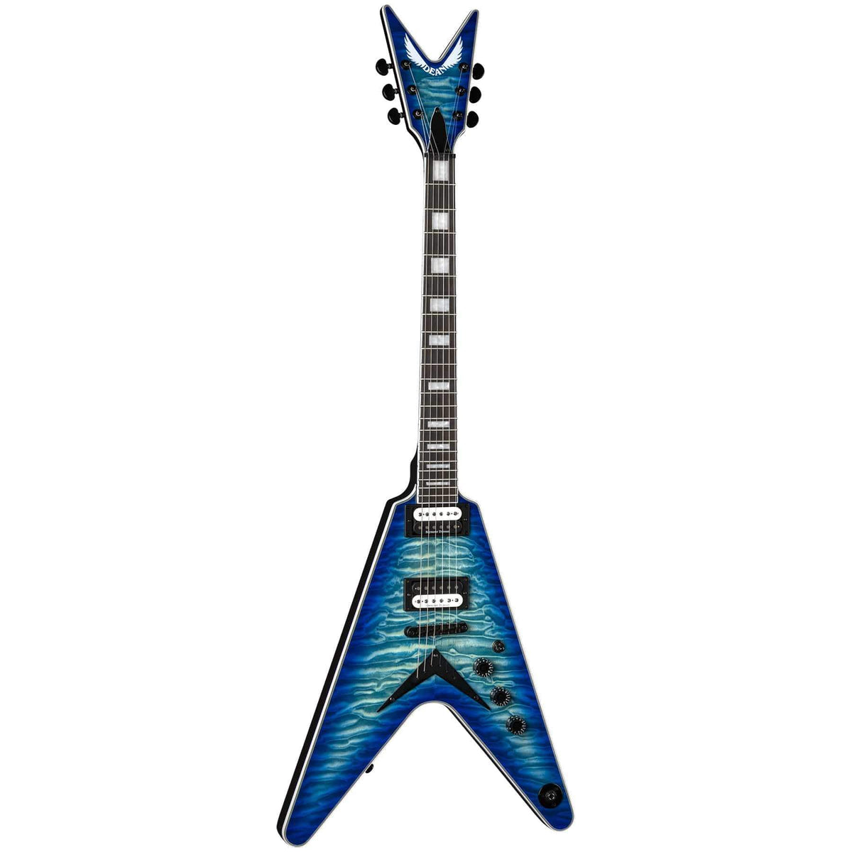Dean V Select Quilt Top Ocean Burst electric guitar with a satin neck finish, 22 jumbo frets, and Seymour Duncan pickups.