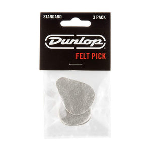Dunlop Felt Picks 3-Pack: A package containing three high-grade hard felt picks made from dense wool and cotton, featuring a beveled playing tip.