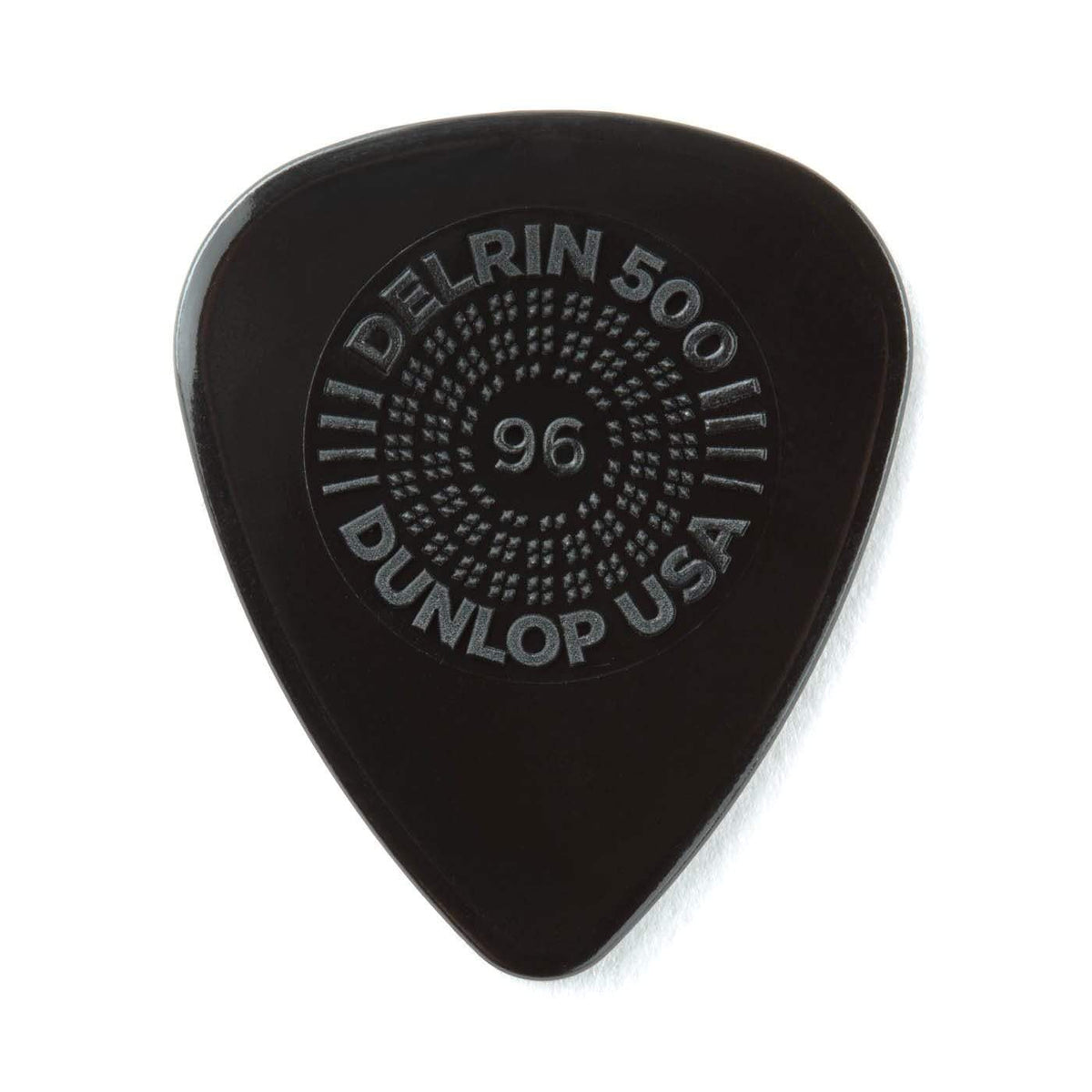 Dunlop Prime Grip Delrin 500 .96mm Guitar Picks 12-pack featuring black picks with silver text, designed for precision and durability.