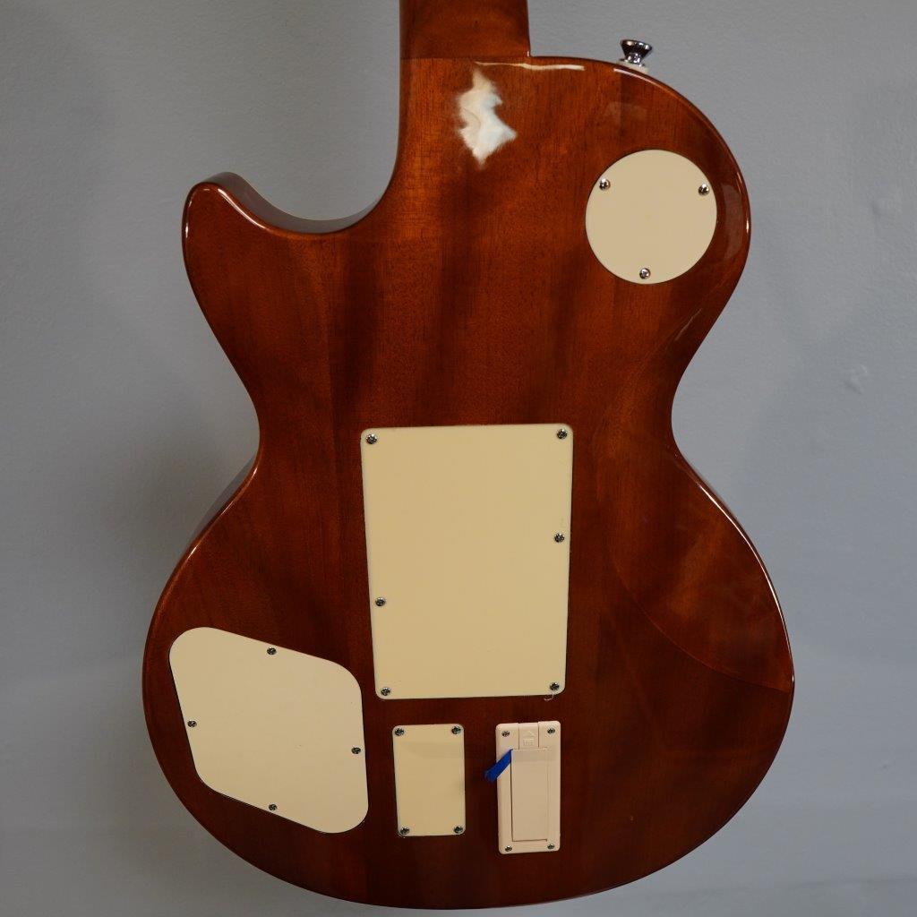 Epiphone Alex Lifeson Les Paul Axcess Standard - Viceroy Brown electric guitar with white and tan parts, featuring dual output jacks and advanced pickups.