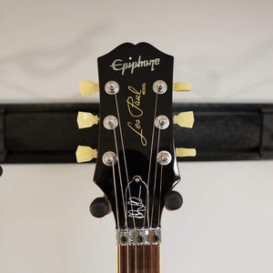 Close-up of the Epiphone Alex Lifeson Les Paul Axcess Standard guitar neck and headstock, showcasing detailed craftsmanship and design elements.