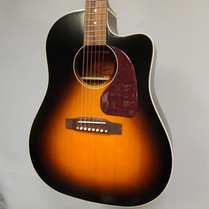 Epiphone Masterbilt J-45 EC Aged Vintage Sunburst Gloss guitar, showcasing sloped shoulder body, solid Sitka spruce top, and mahogany back and sides.