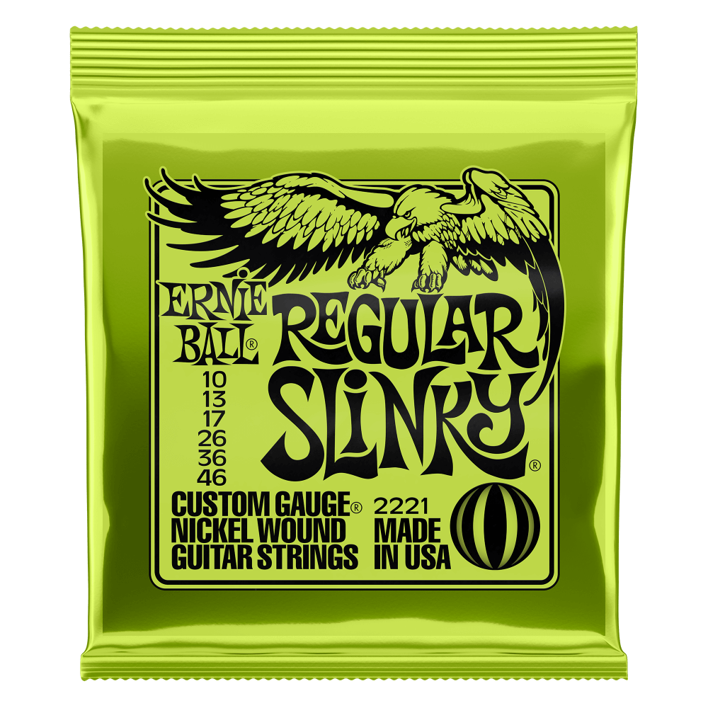 Ernie Ball 2221 Regular Slinky Nickel Wound Electric Guitar Strings package featuring black text and a bird logo.