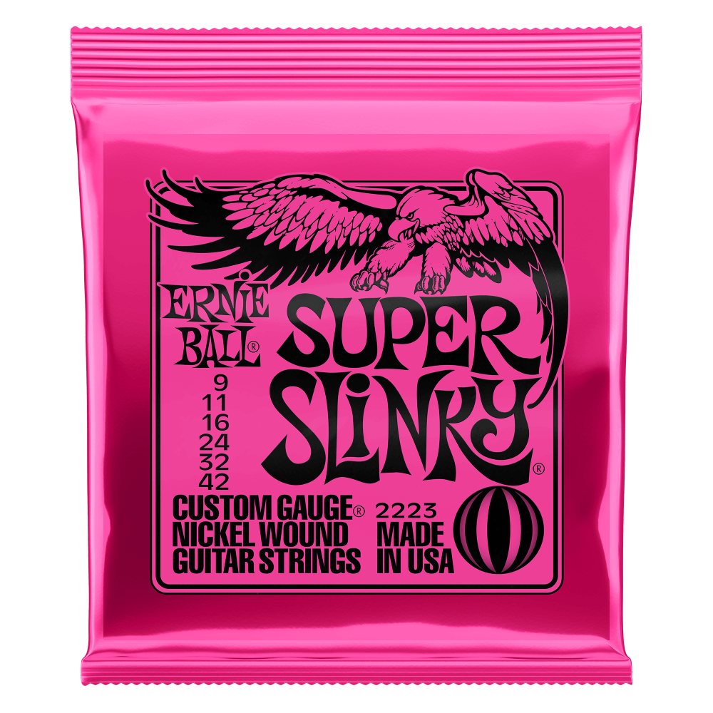 Ernie Ball 2223 Super Slinky Nickel Wound Electric Guitar Strings packaging with black text and bird logo.