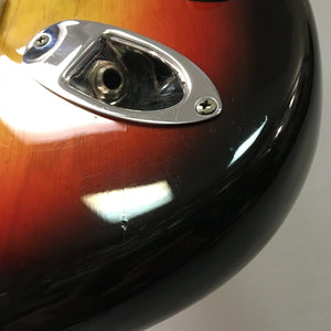 1976 Fender Strat Sunburst, all original parts, close-up of guitar's bottom with screws visible, includes original case and paperwork.