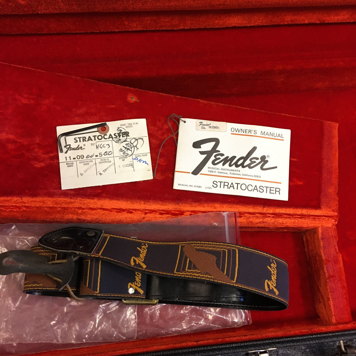 1976 Fender Strat Sunburst, all original, in case with original paperwork and accessories visible.