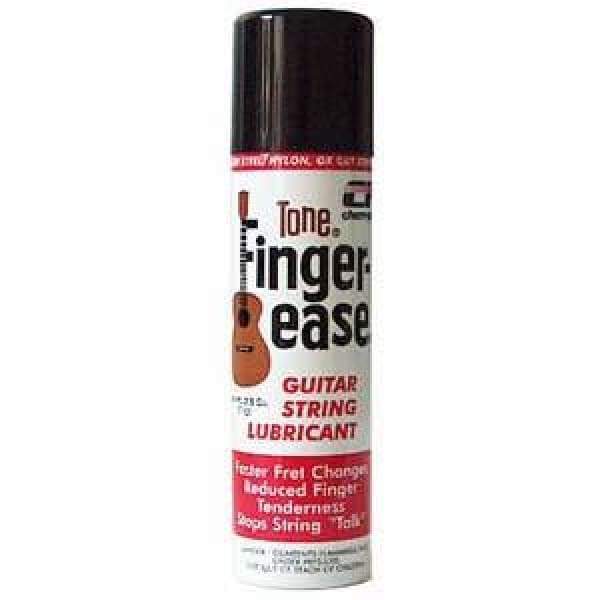 Finger Ease guitar string lubricant can with labeled packaging, designed to reduce friction and enhance string life for smoother, more comfortable playing.