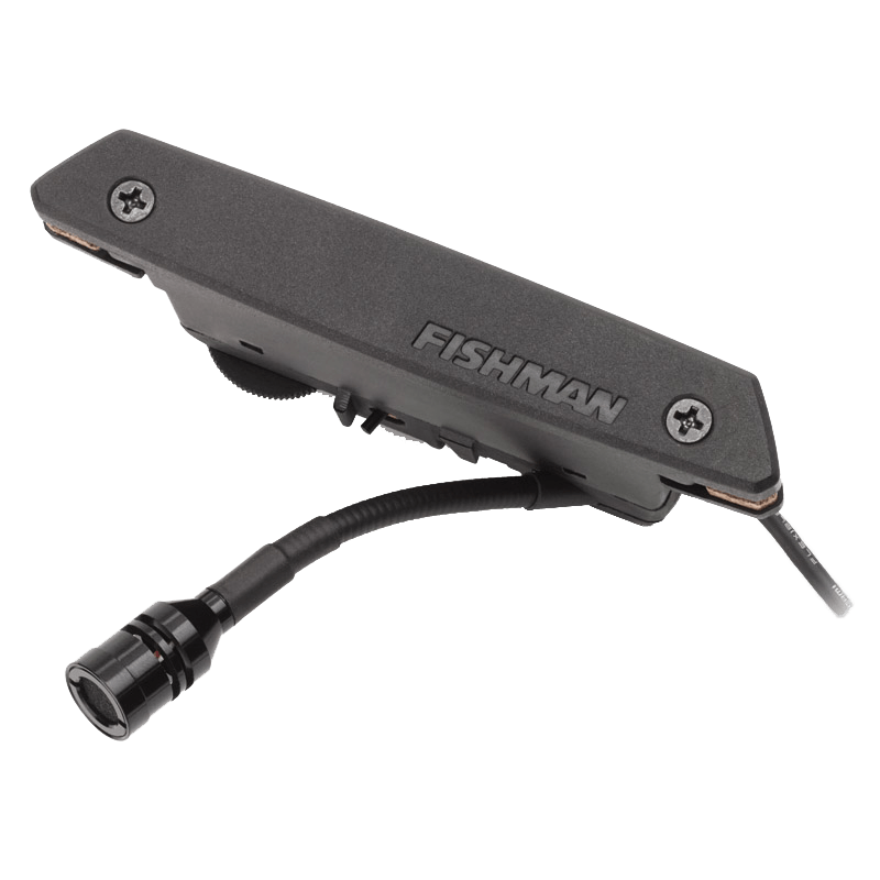 Fishman Rare Earth Humbucking Blend Pickup with flexible cardioid microphone, blend control, and black cable. Ideal for superior sound quality in guitars.