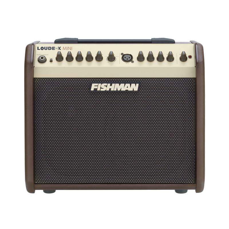 Close-up of Fishman Loudbox Mini Bluetooth - 60 watts DEMO, showcasing guitar amplifier controls and speaker.