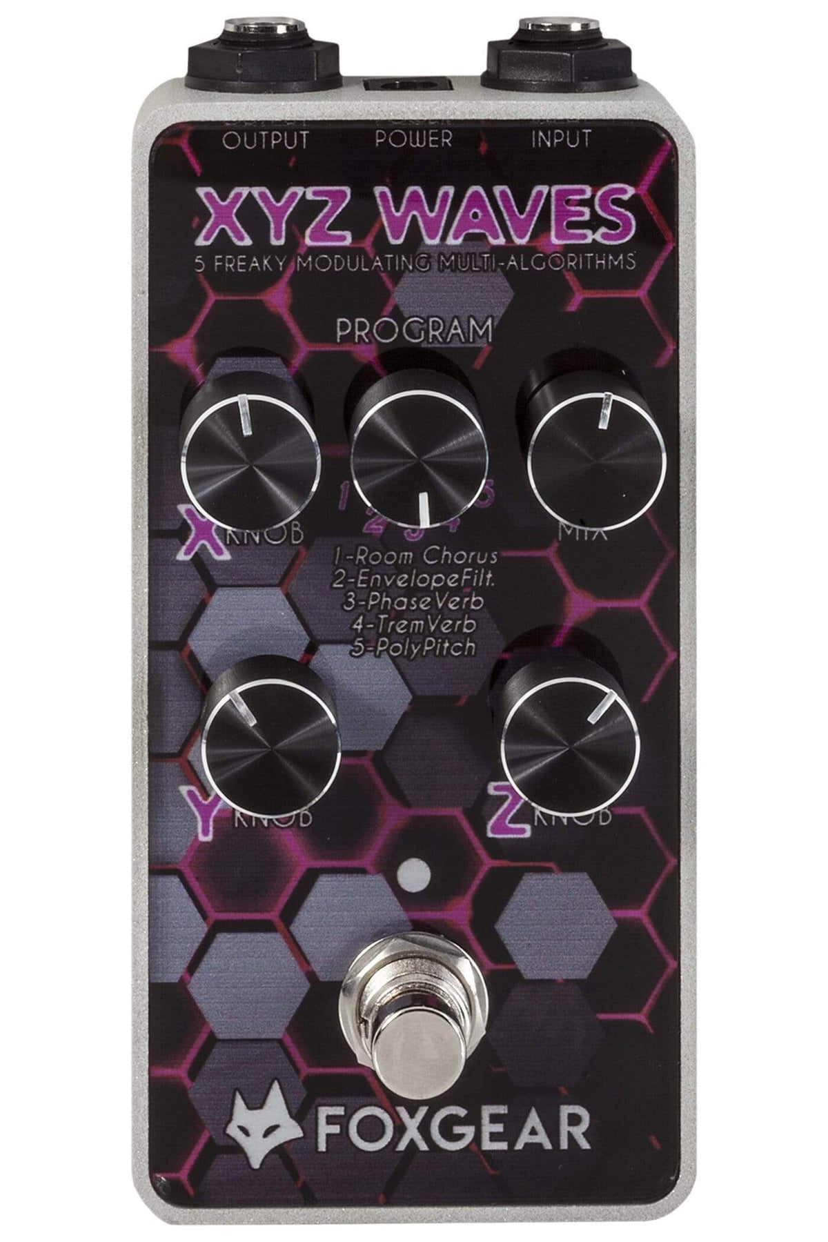 Close-up of Foxgear XYZ Waves Digital Modulations guitar pedal showing knobs and controls for versatile modulation effects.