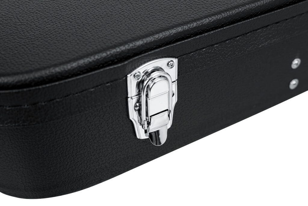 Close-up of a black Gator 12-String Dreadnought Case, highlighting the durable exterior and chrome-plated lockable latches.