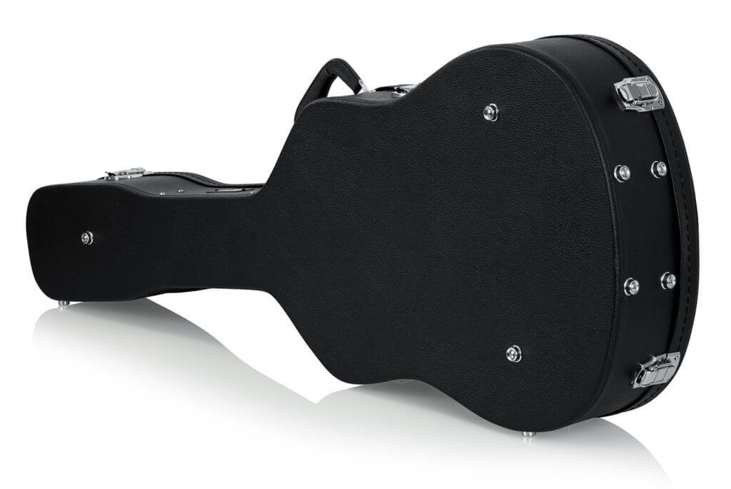 Gator 12-String Dreadnought Case: Black hard-shell wood case with ergonomic handle and lockable latches, designed to protect 12-string Dreadnought guitars.
