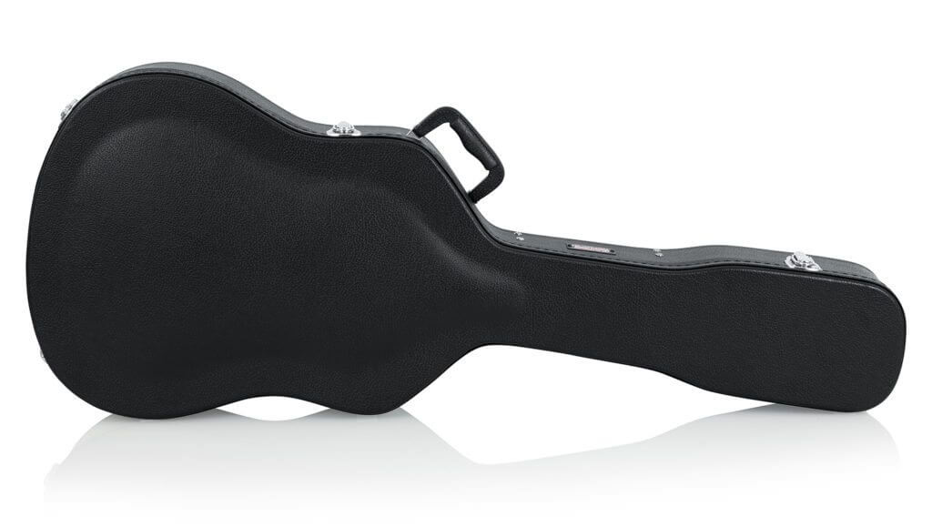 Gator GWE-DREAD 12 Hard-Shell Wood Case for 12-String Dreadnought Guitars, featuring a black hard exterior with a handle and secure chrome latches.
